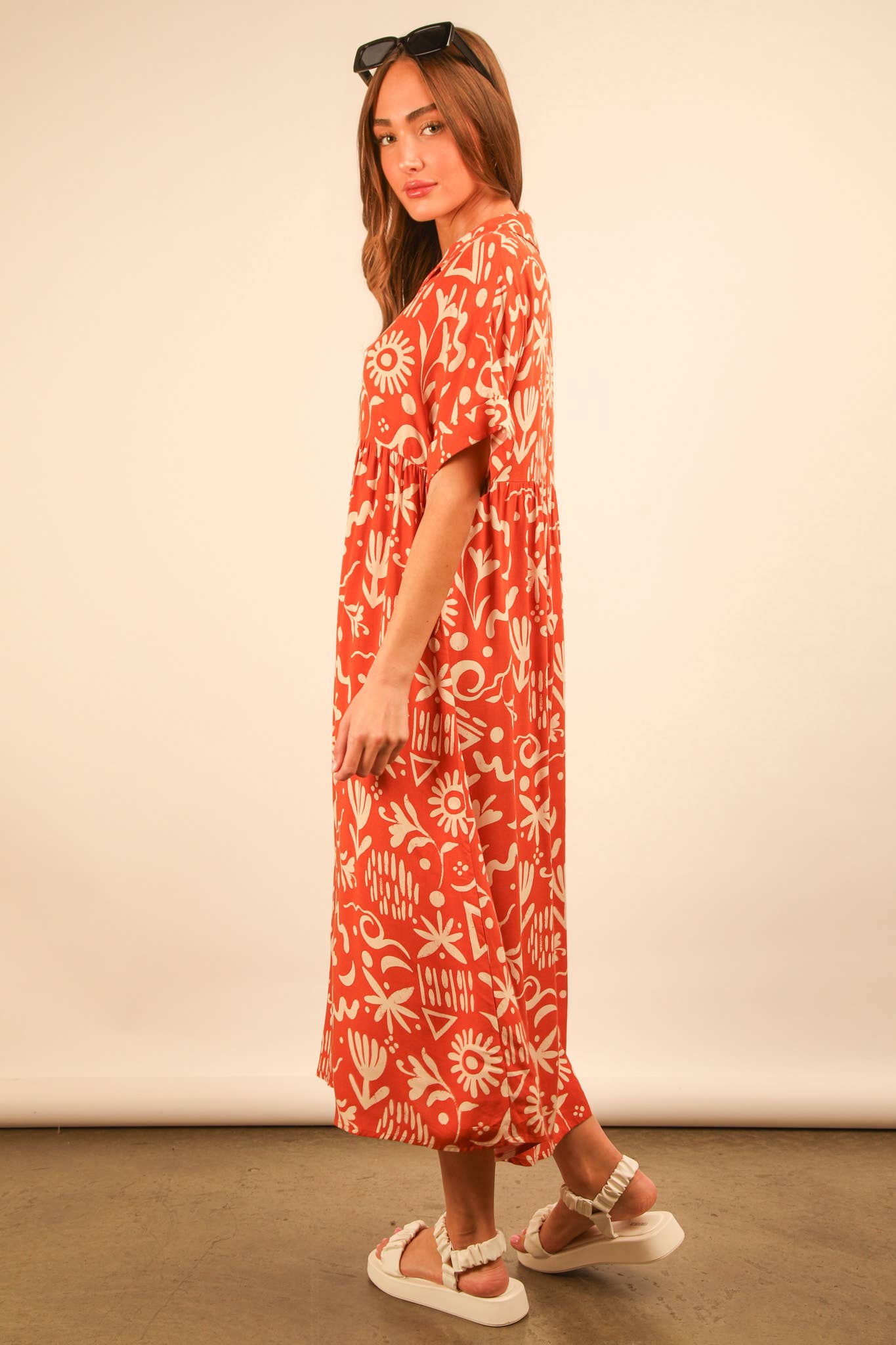 ND31583-Oversized Printed Shirt Midi Dress