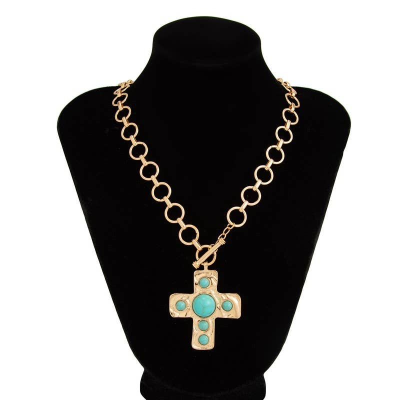 Hammered Cross Front Toggle Necklace