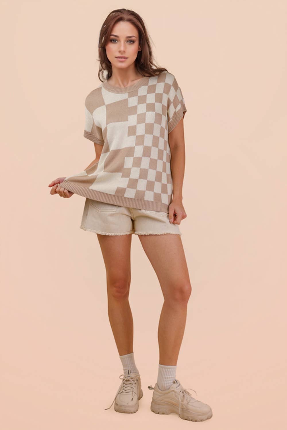 Dolman Sleeve Checkered Knit Casual Sweater Top