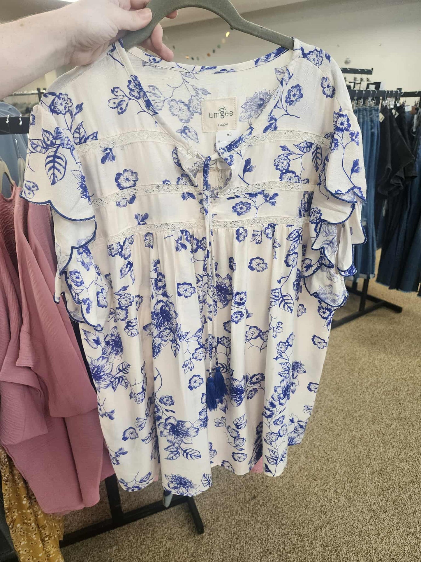 Blue and White Blouse with Tassles - Plus Size