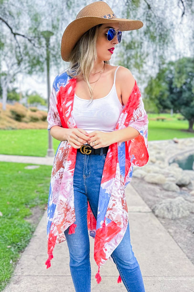 Coral Multi Tie Dye Printed Kimono Cover Up With Tassel