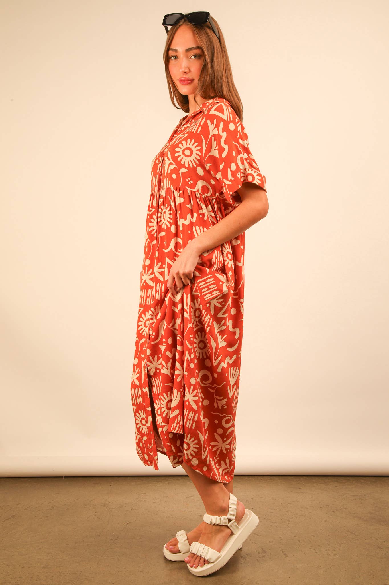 ND31583-Oversized Printed Shirt Midi Dress