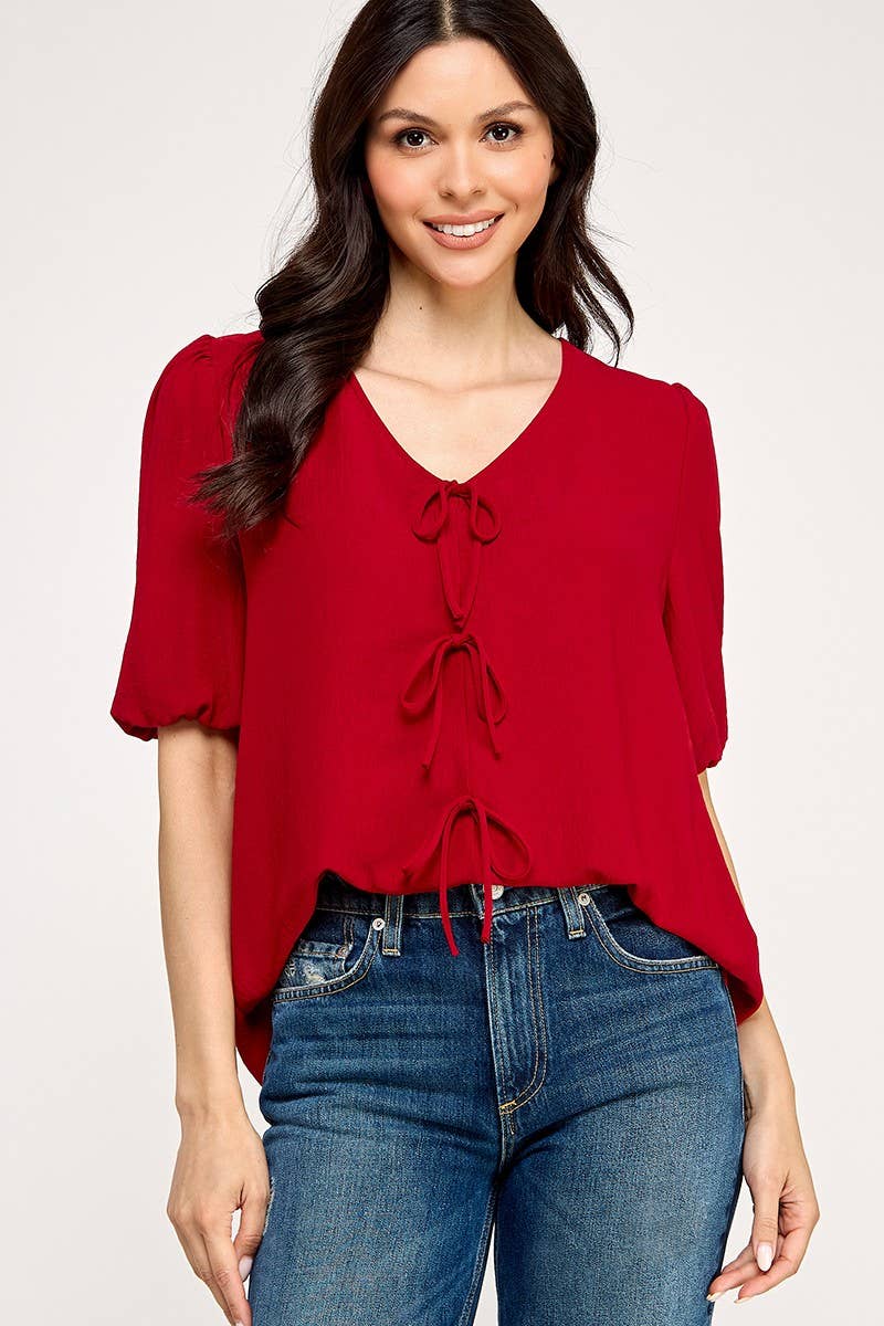 Solid Tie Front Blouse