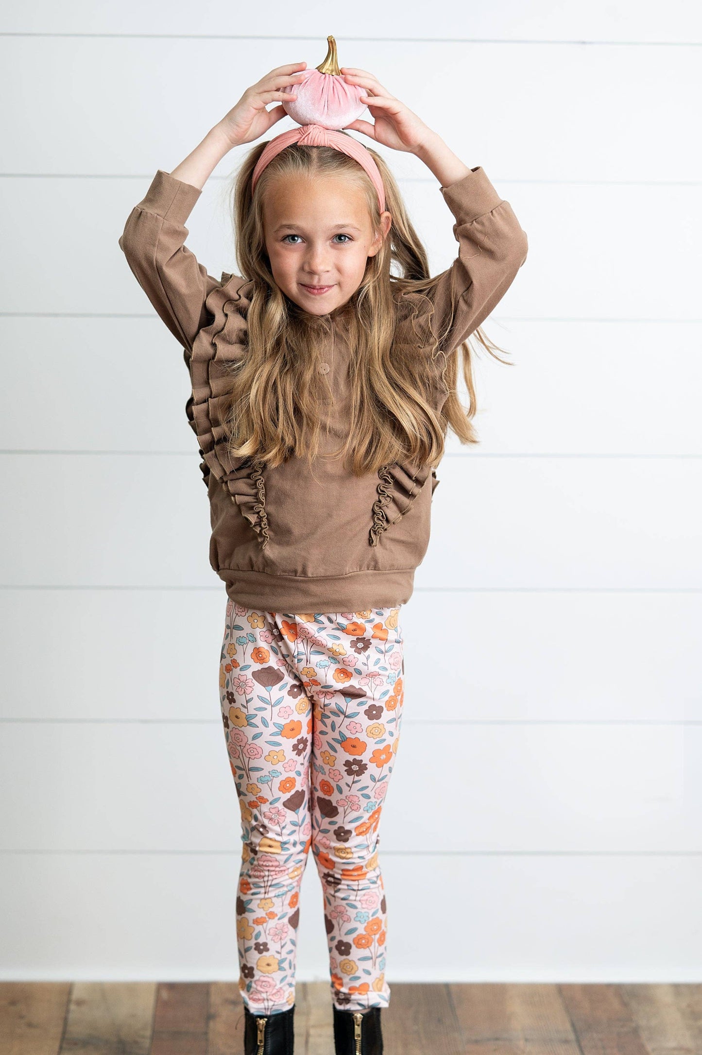 Kids Chocolate Ruffle Hoodie & Fall Floral Pant Set