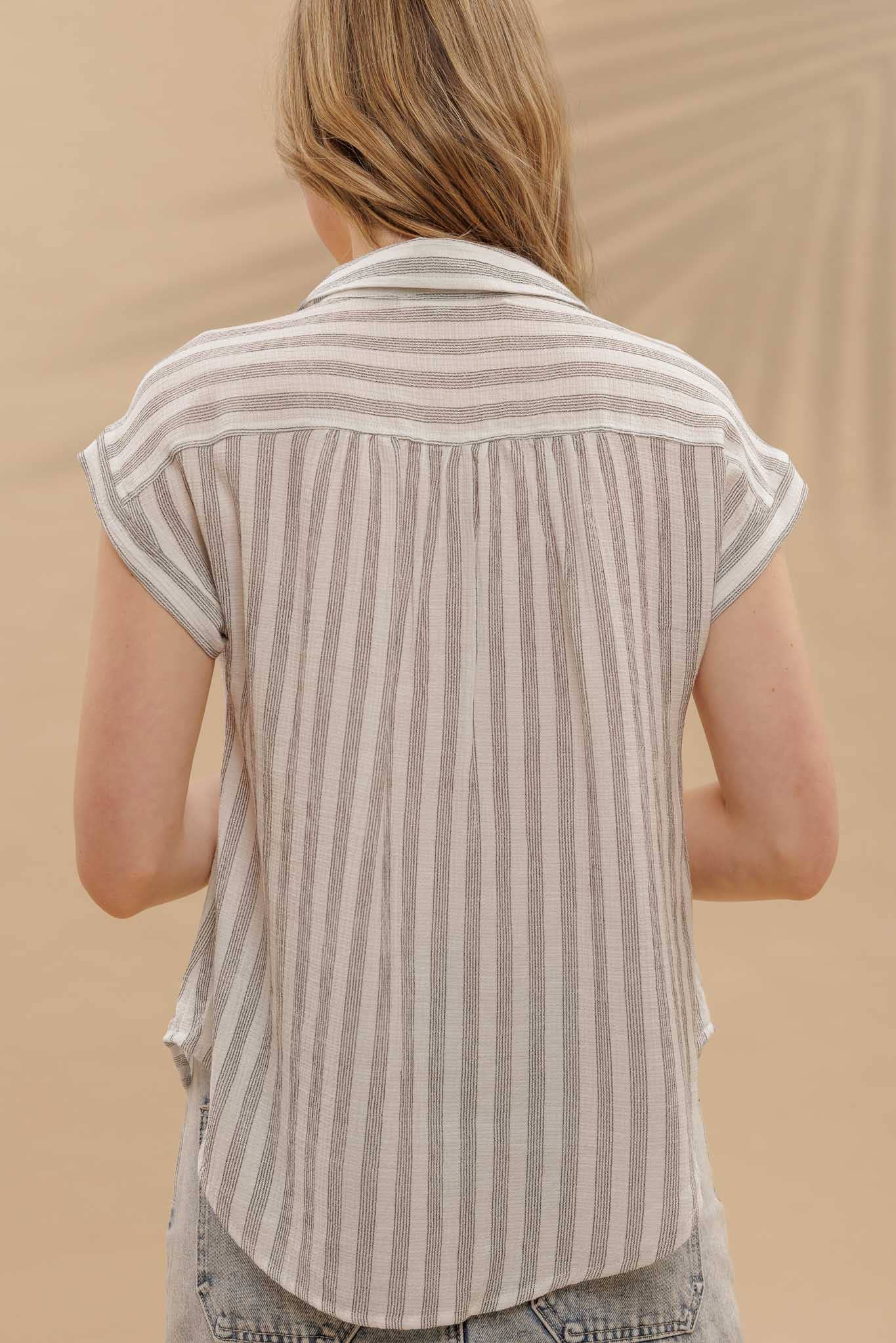 STRIPE COLLARED CUFF SLEEVE LIGHTWEIGHT SHIRT