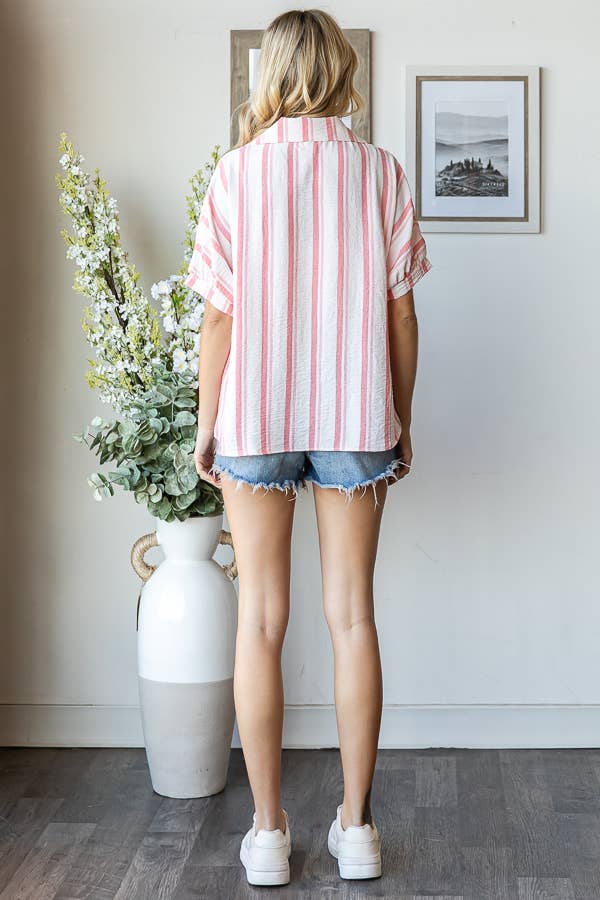 Stripe Button Down Cuff Short Sleeve Blouse