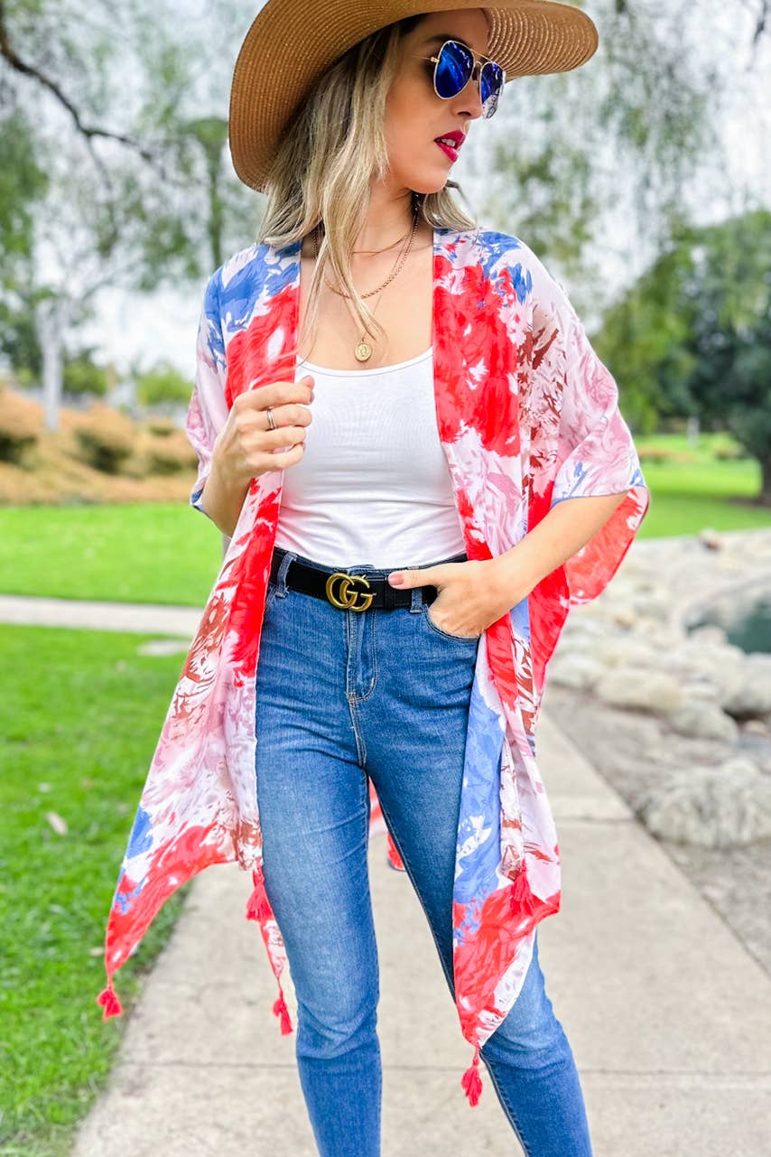 Coral Multi Tie Dye Printed Kimono Cover Up With Tassel