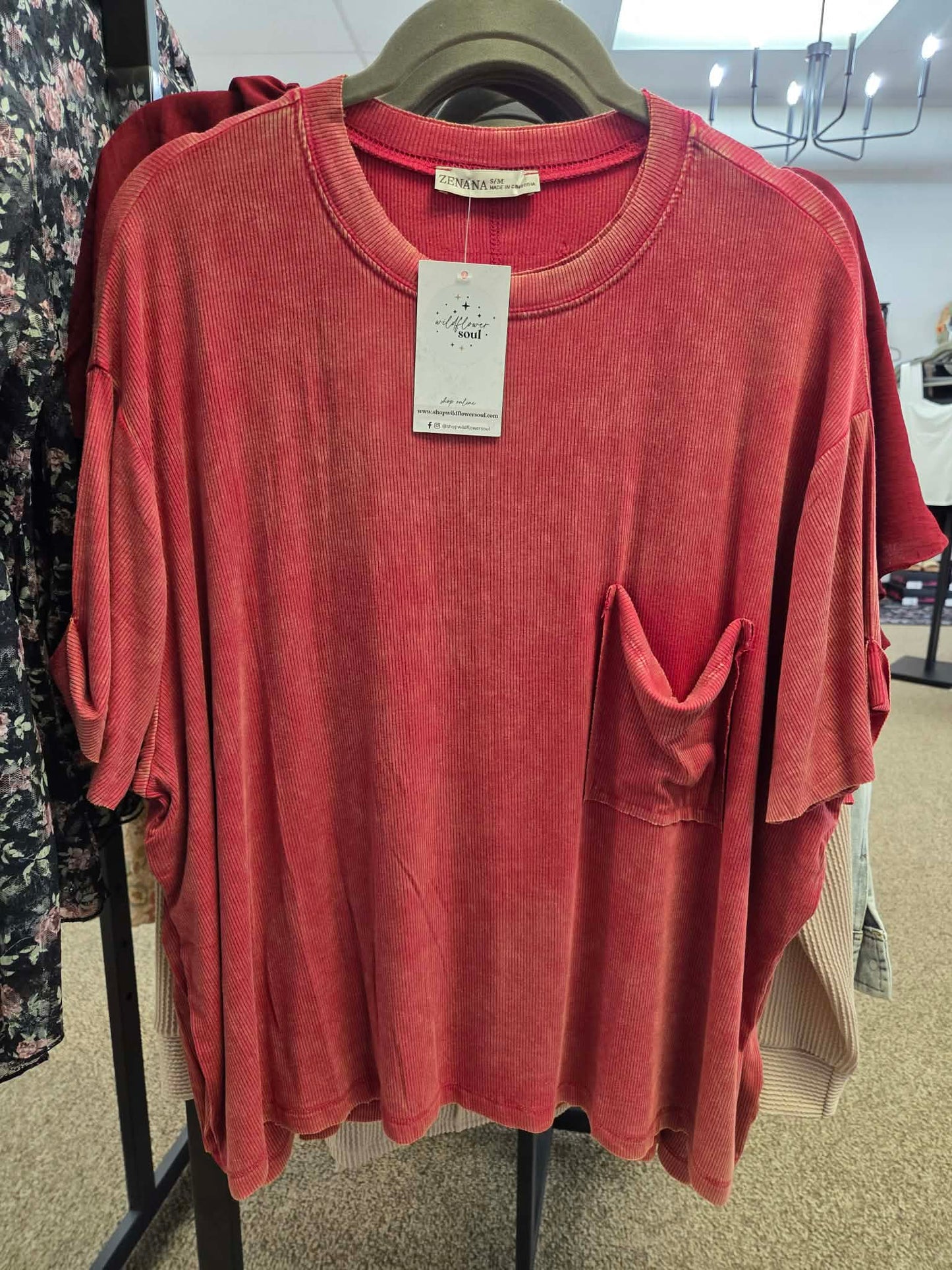 Zenana Red Washed Ribbed Cuffed Short Sleeve Round Neck Top