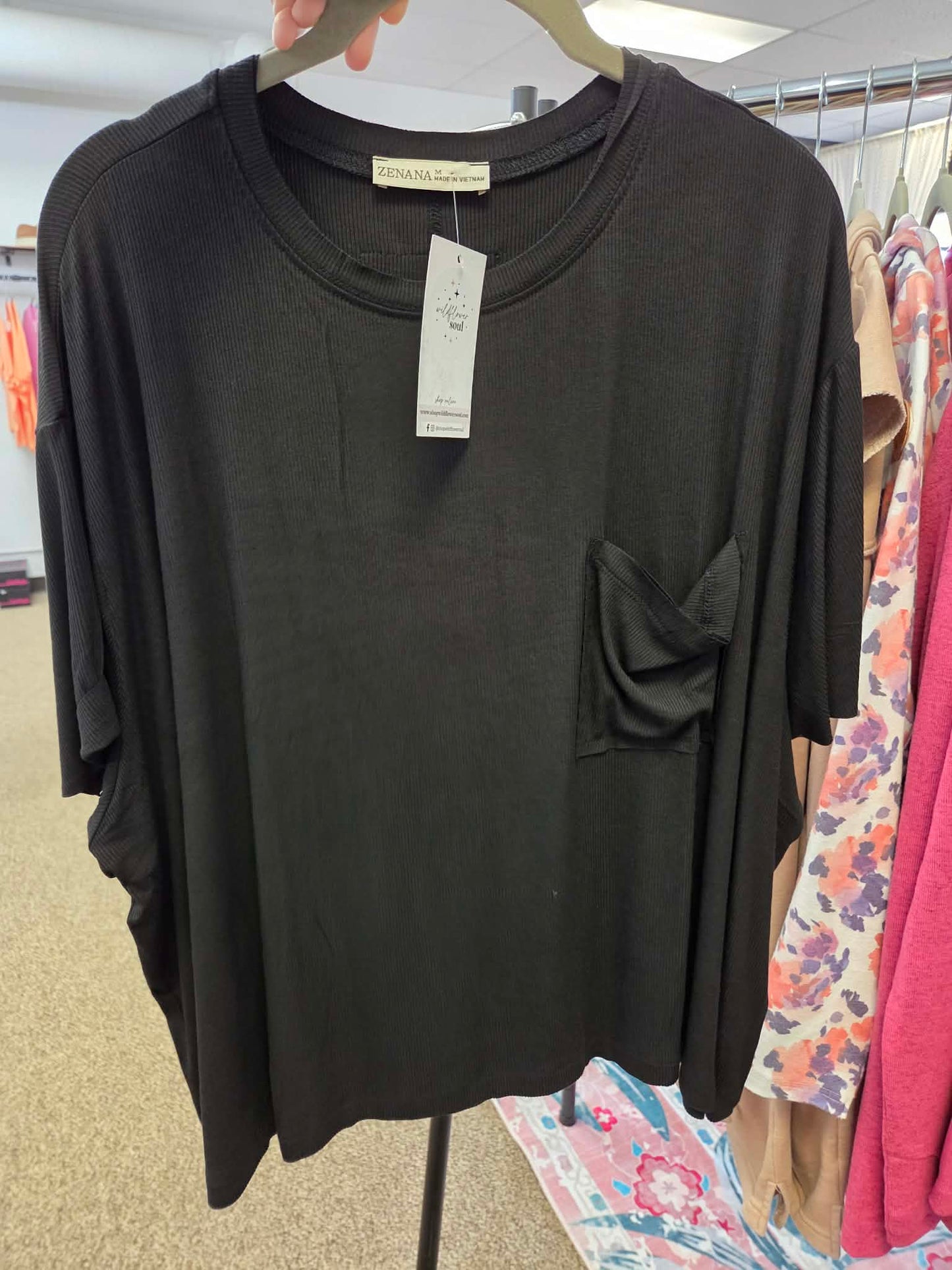 Zenana Black Oversized Ribbed Round Neck Short Sleeve Tee