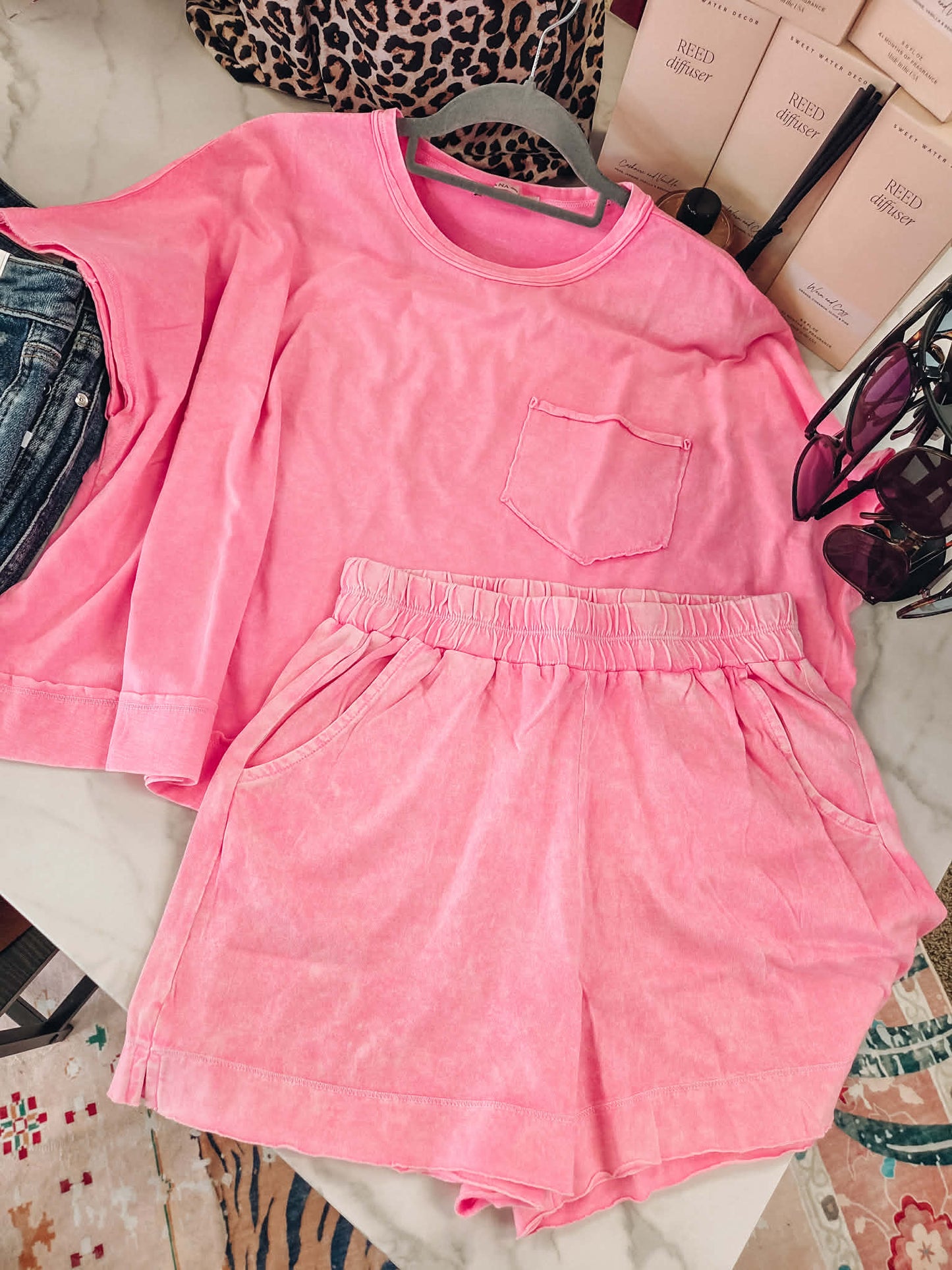 Zenana Boxy Top Washed Short Set - Pink