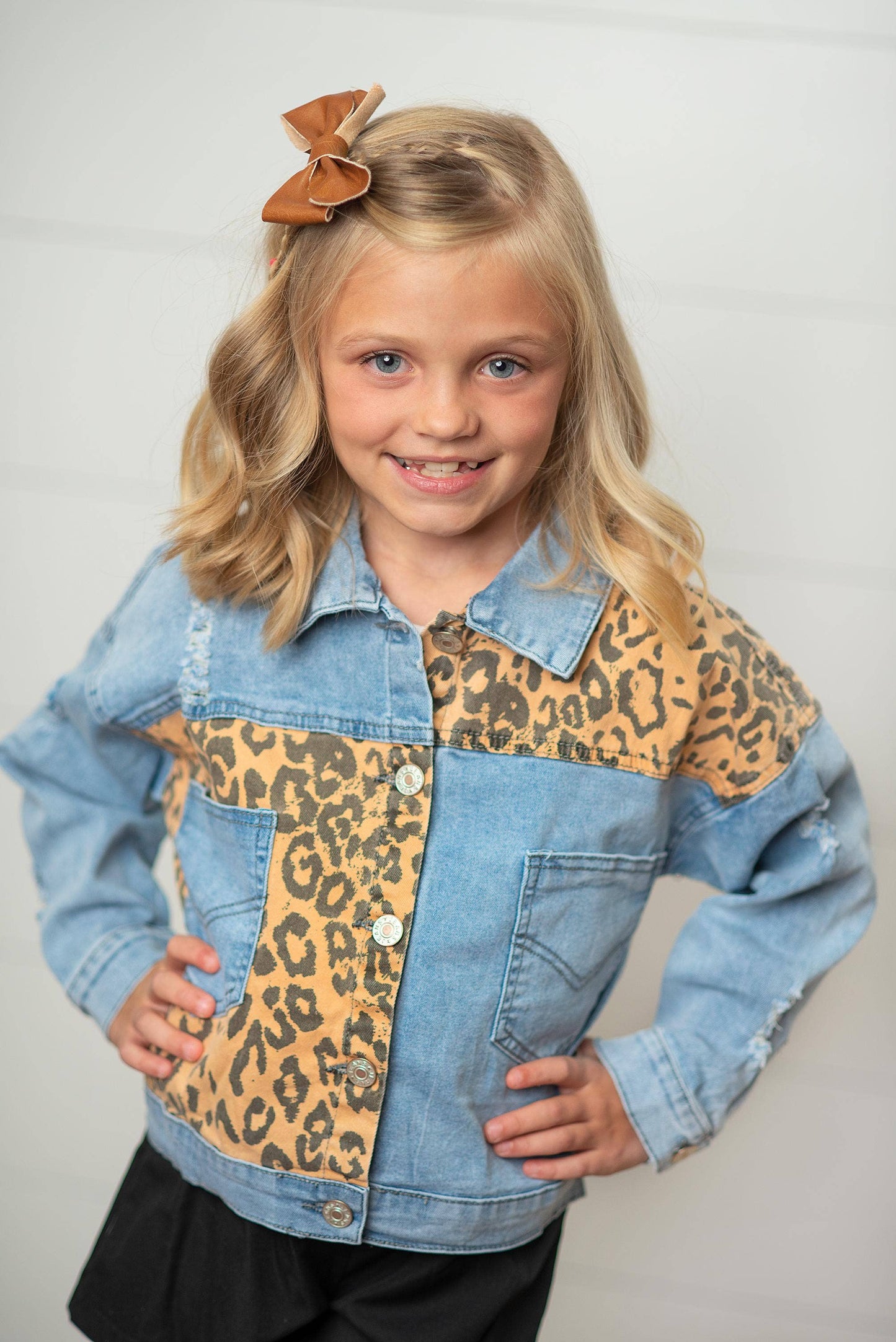 Kids Leopard Patch & Light Wash Denim Button Pocket Jacket