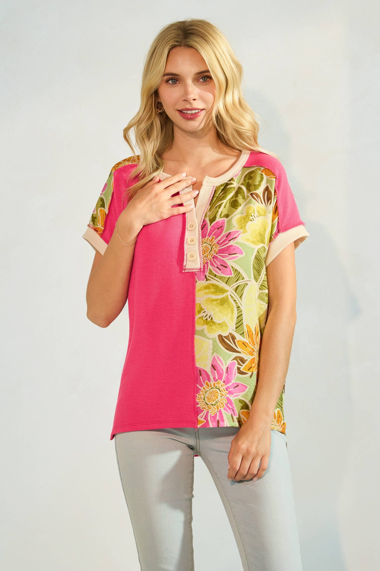 Floral Half Panel Button Short Sleeve Top T5963