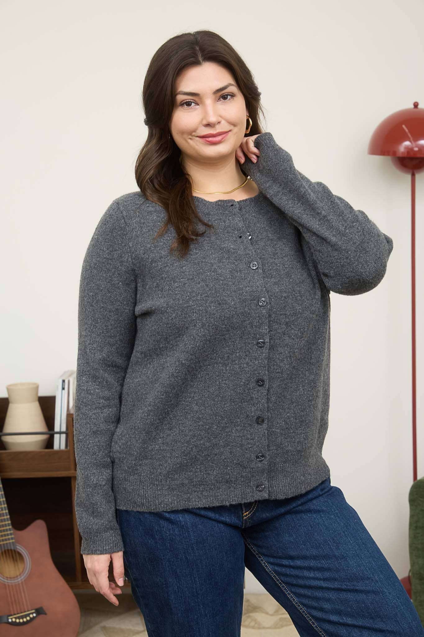 PLUS ROUND NECK BUTTON DOWN LONG SLEEVE CARDIGAN