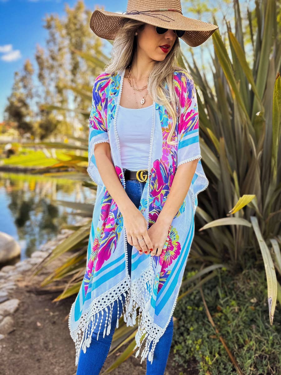 White Multi Floral Print Lace Detail Tassel Bottom Kimono