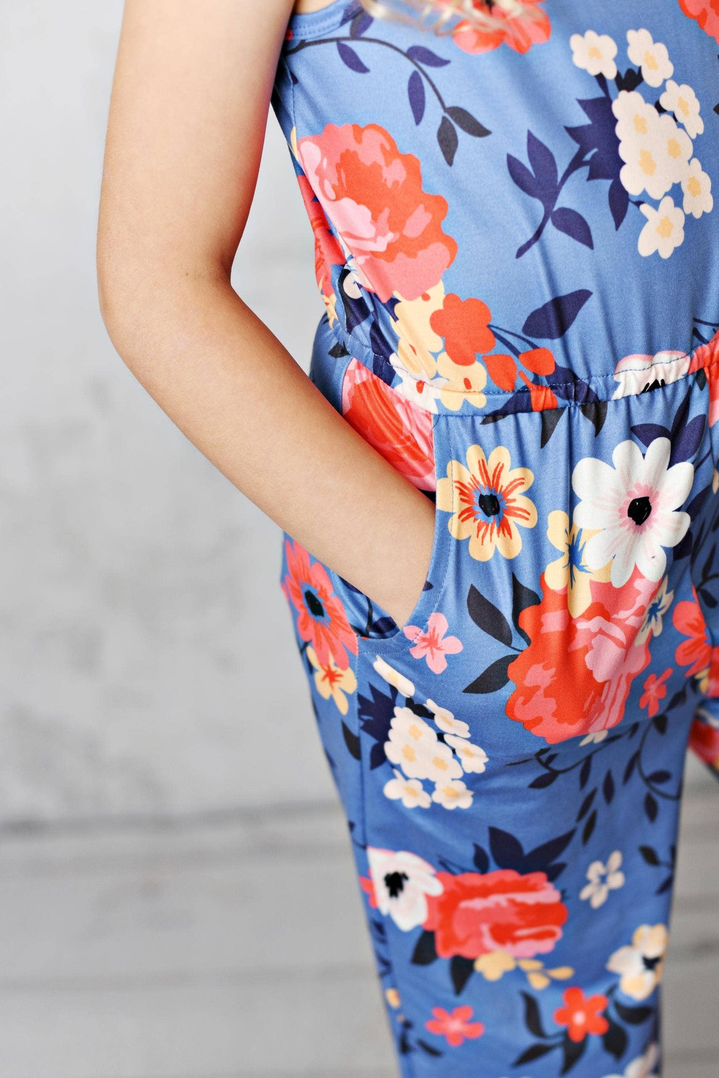Kids Blue & Coral Floral Summer Jumpsuit With Pockets