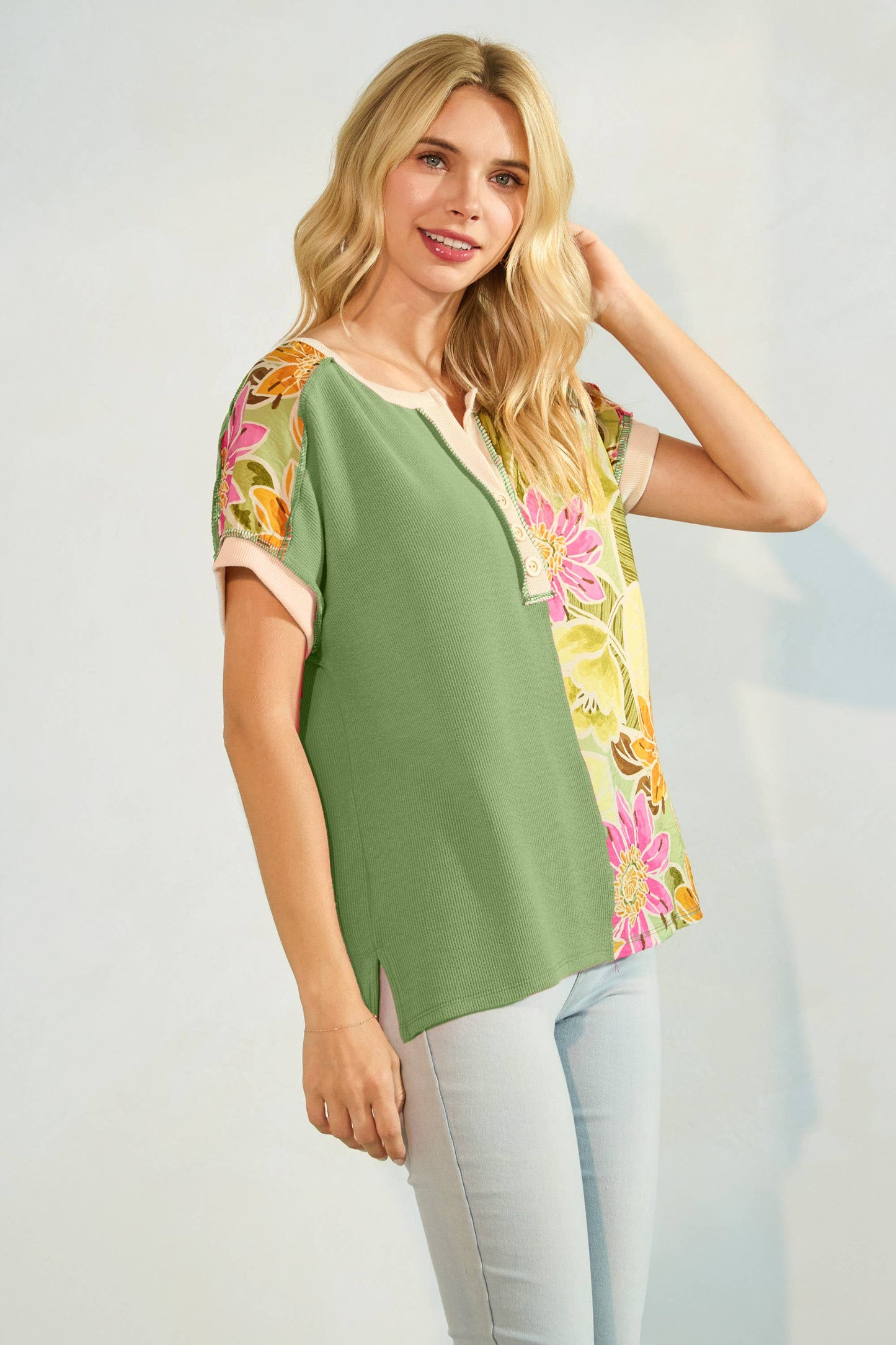 Floral Half Panel Button Short Sleeve Top T5963