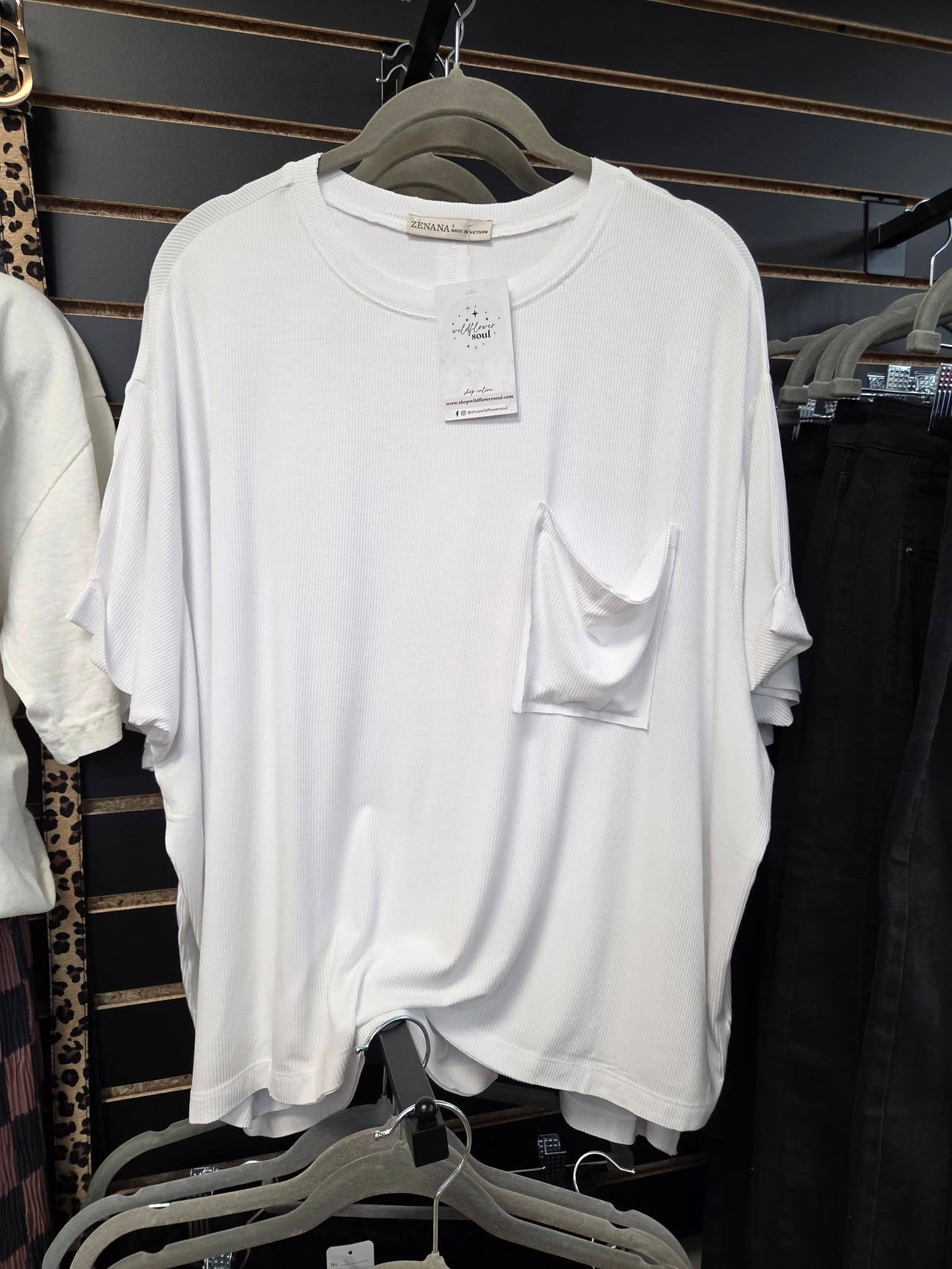 Zenana White Oversized Ribbed Round Neck Short Sleeve Tee