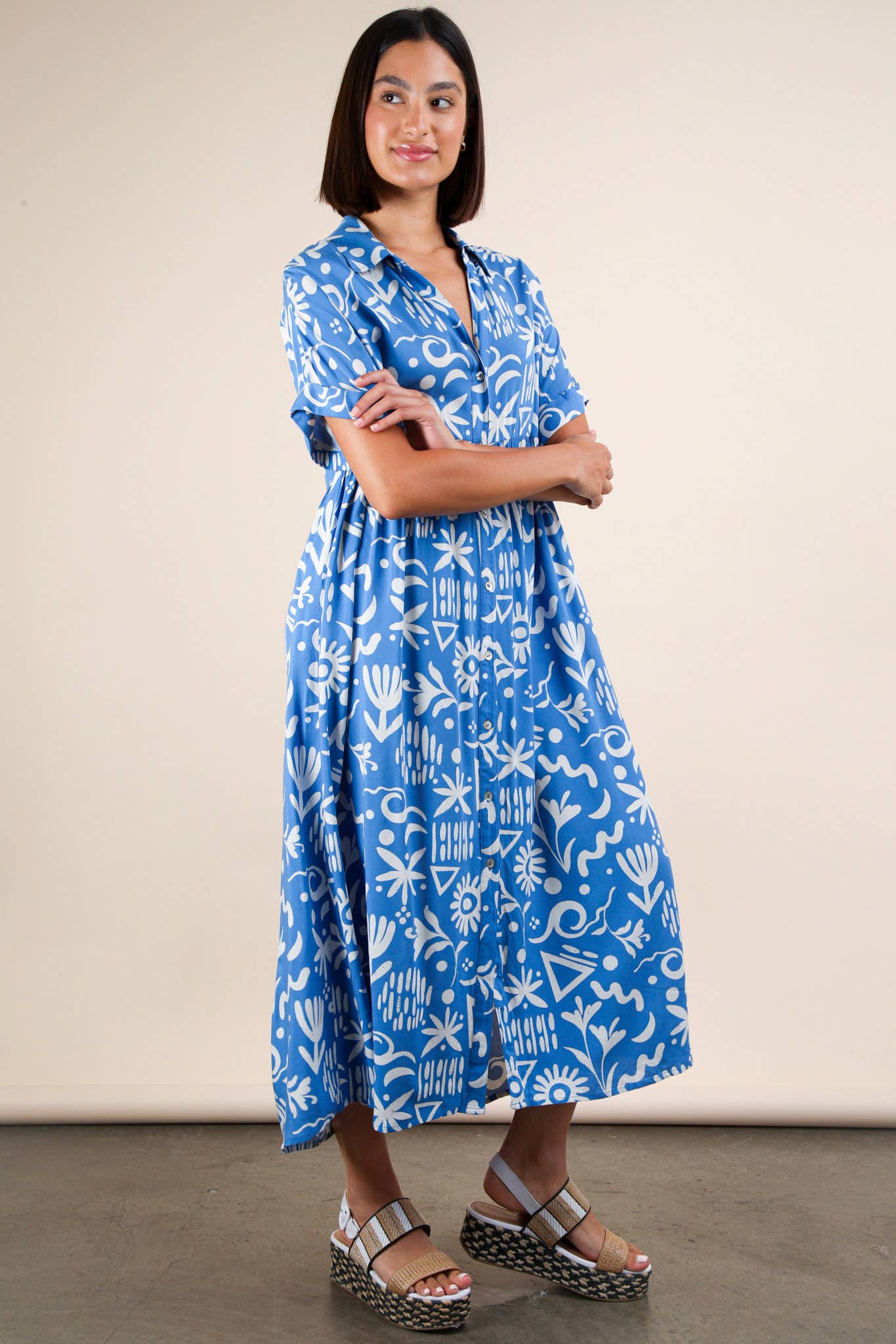 ND31583-Oversized Printed Shirt Midi Dress