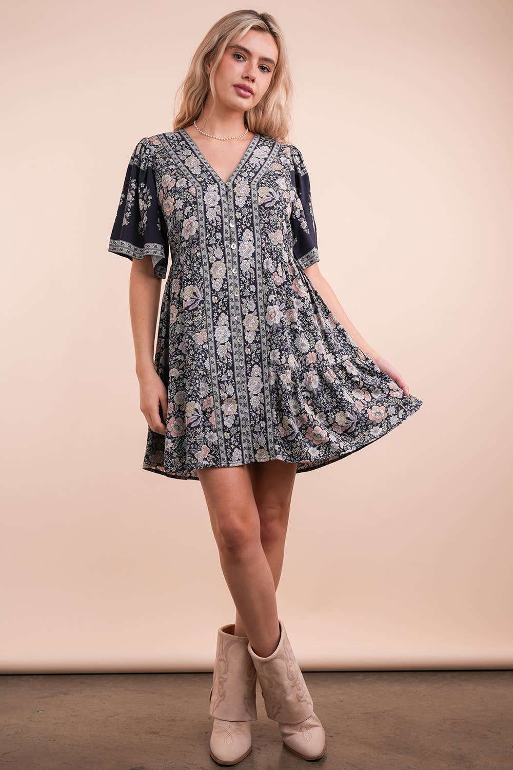 Shirring Detail Printed Woven Mini Dress