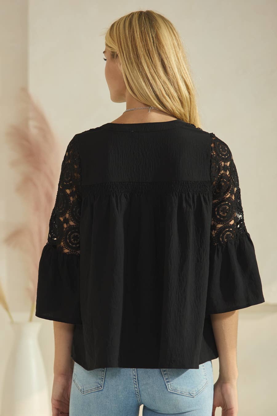 Solid Airflow Lace Trimed Bell Sleeve Blouse
