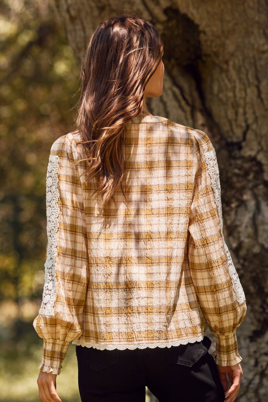 Lace& Plaid Combo Long Sleeve Blouse