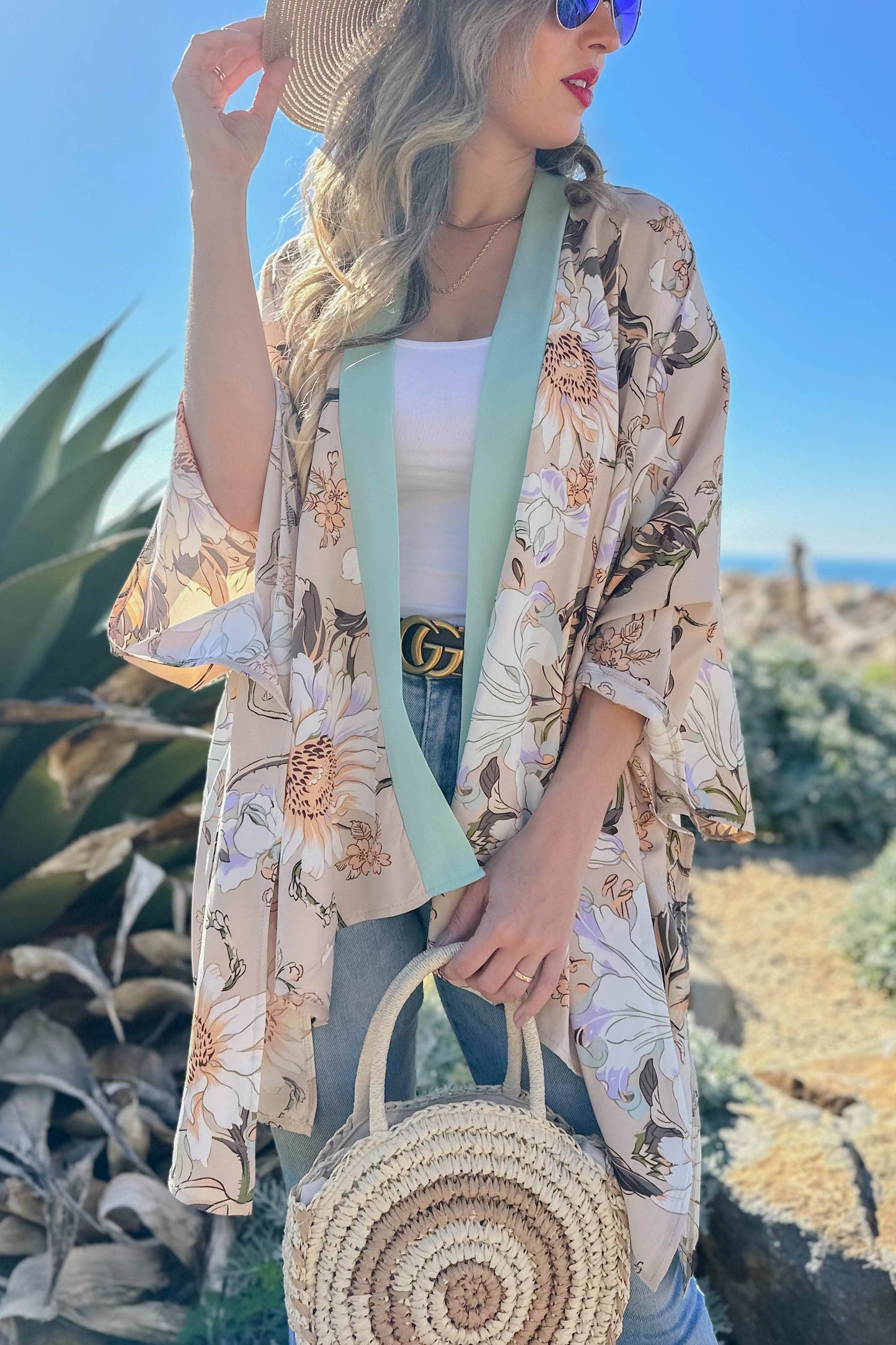 Elegance Nude Floral Printed Kimono Cardigan Cover UP