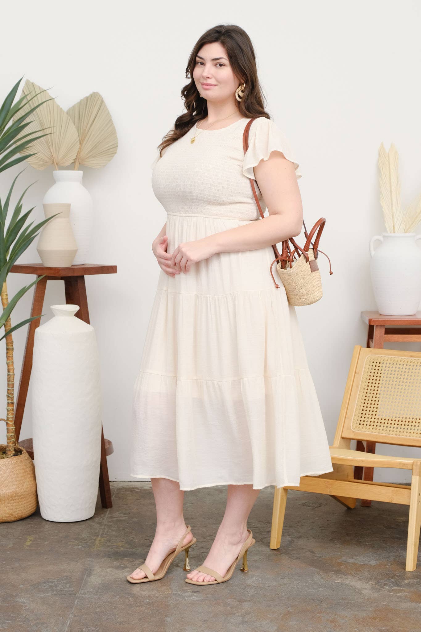 PLUS SMOCKED TIERED MIDI DRESS