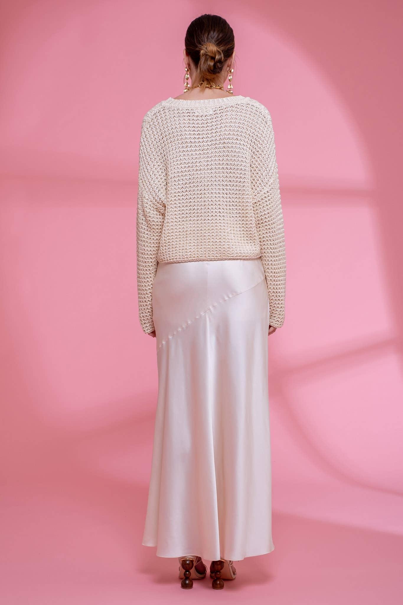 SHEER CREW NECK CROCHET KNIT SWEATER