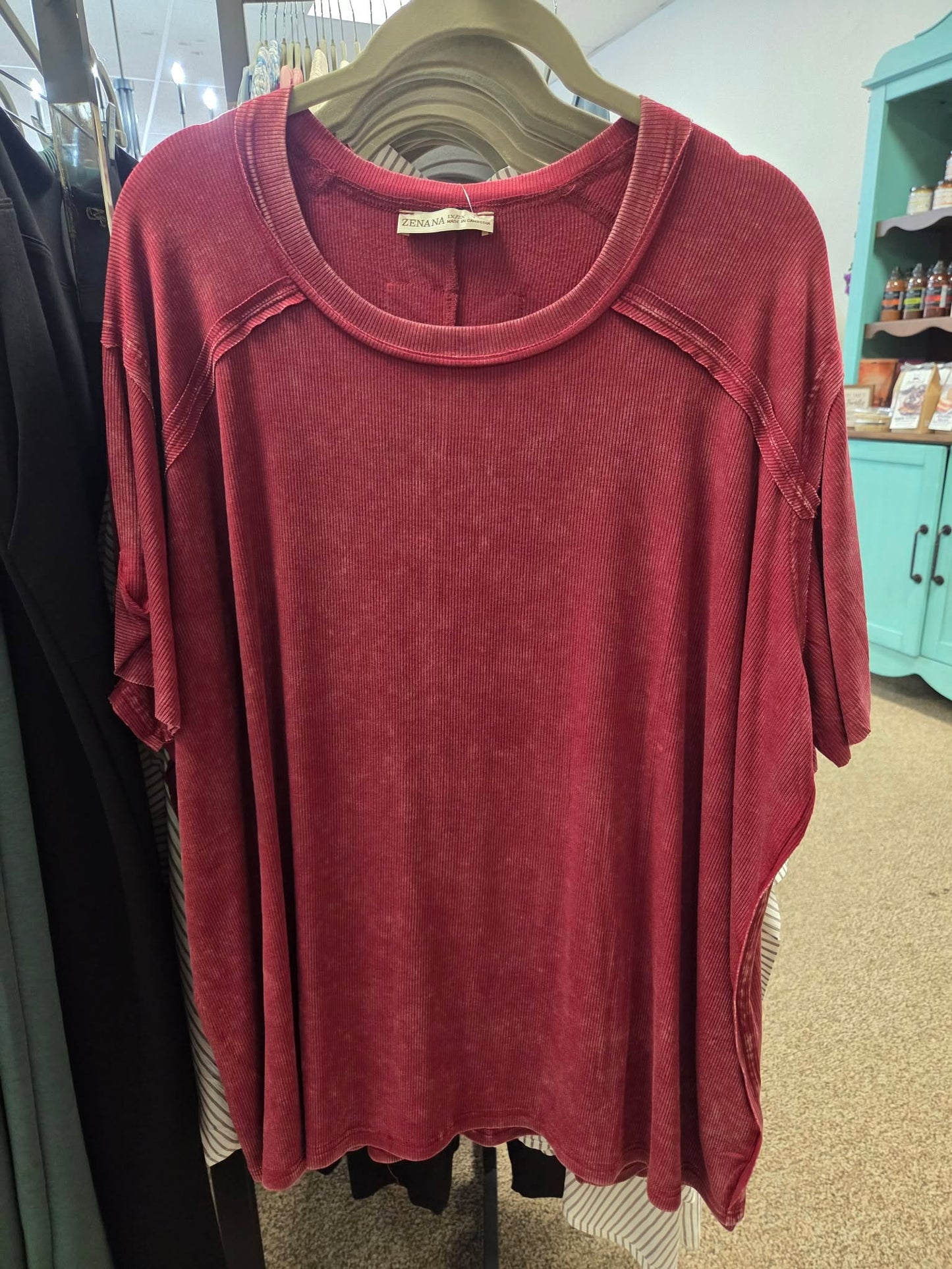 Plus Zenana Washed Ribbed Boat-Neck Top - Burgundy