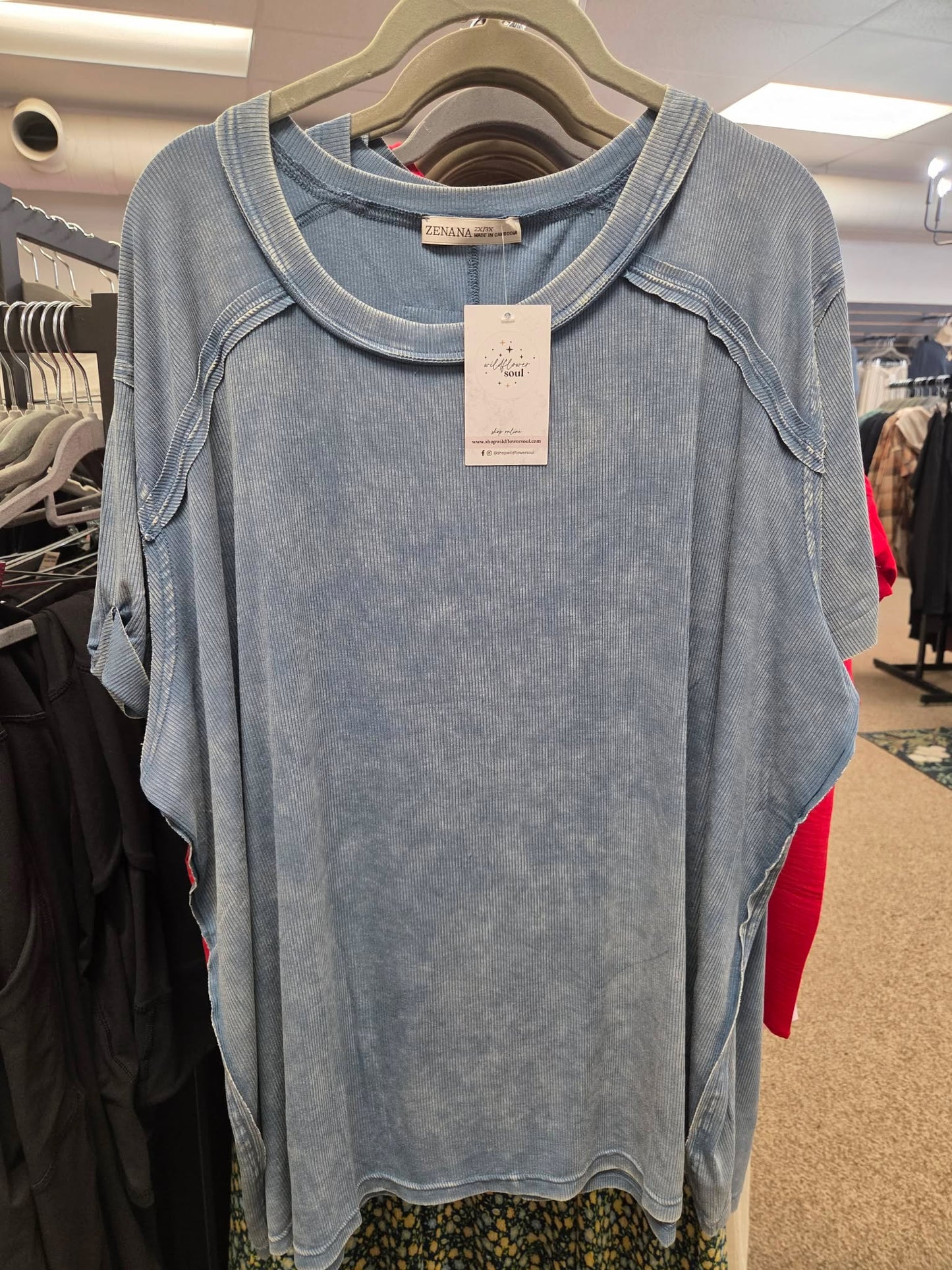 Plus Zenana Washed Ribbed Boat-Neck Top - Washed Light Blue