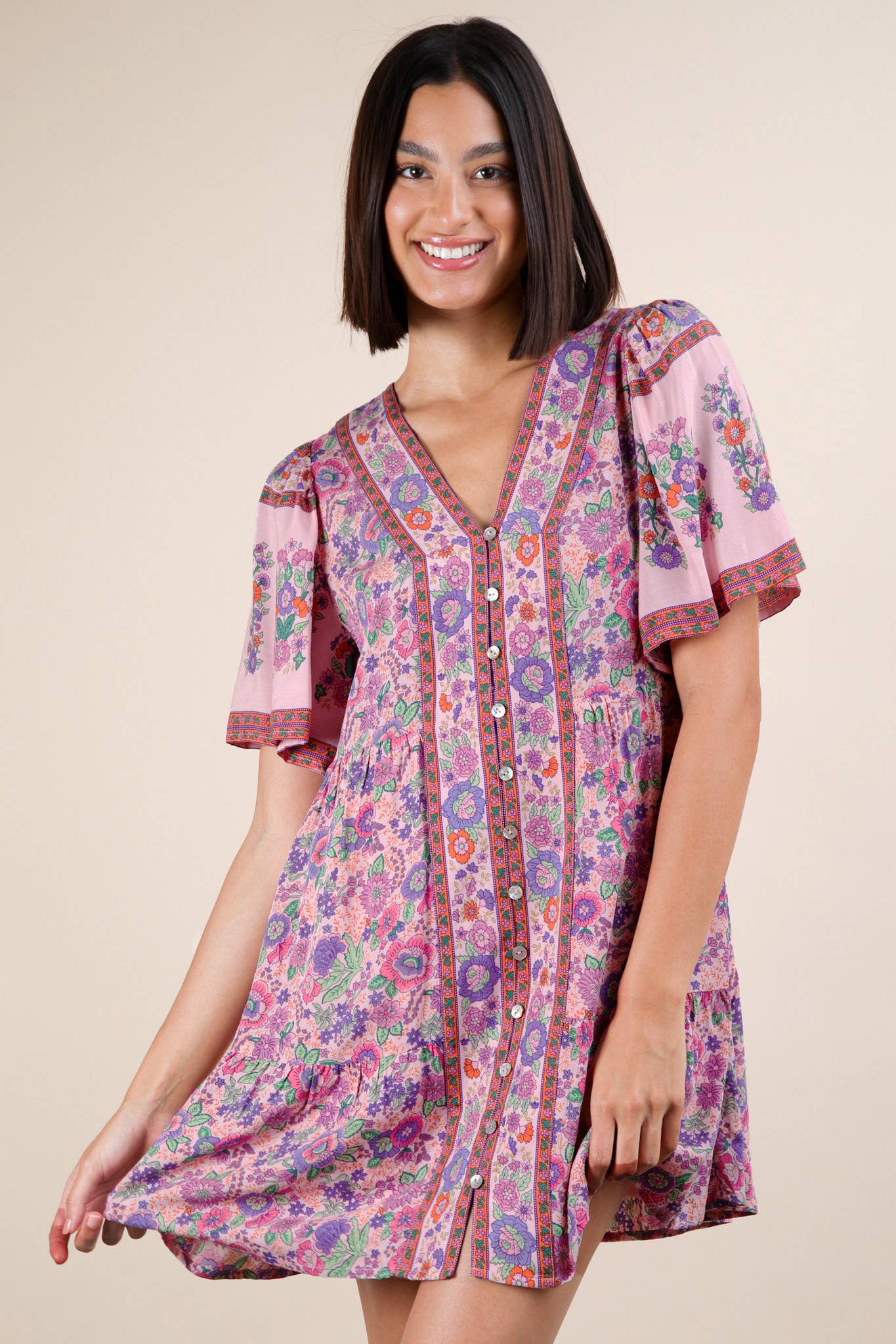 Shirring Detail Printed Woven Mini Dress