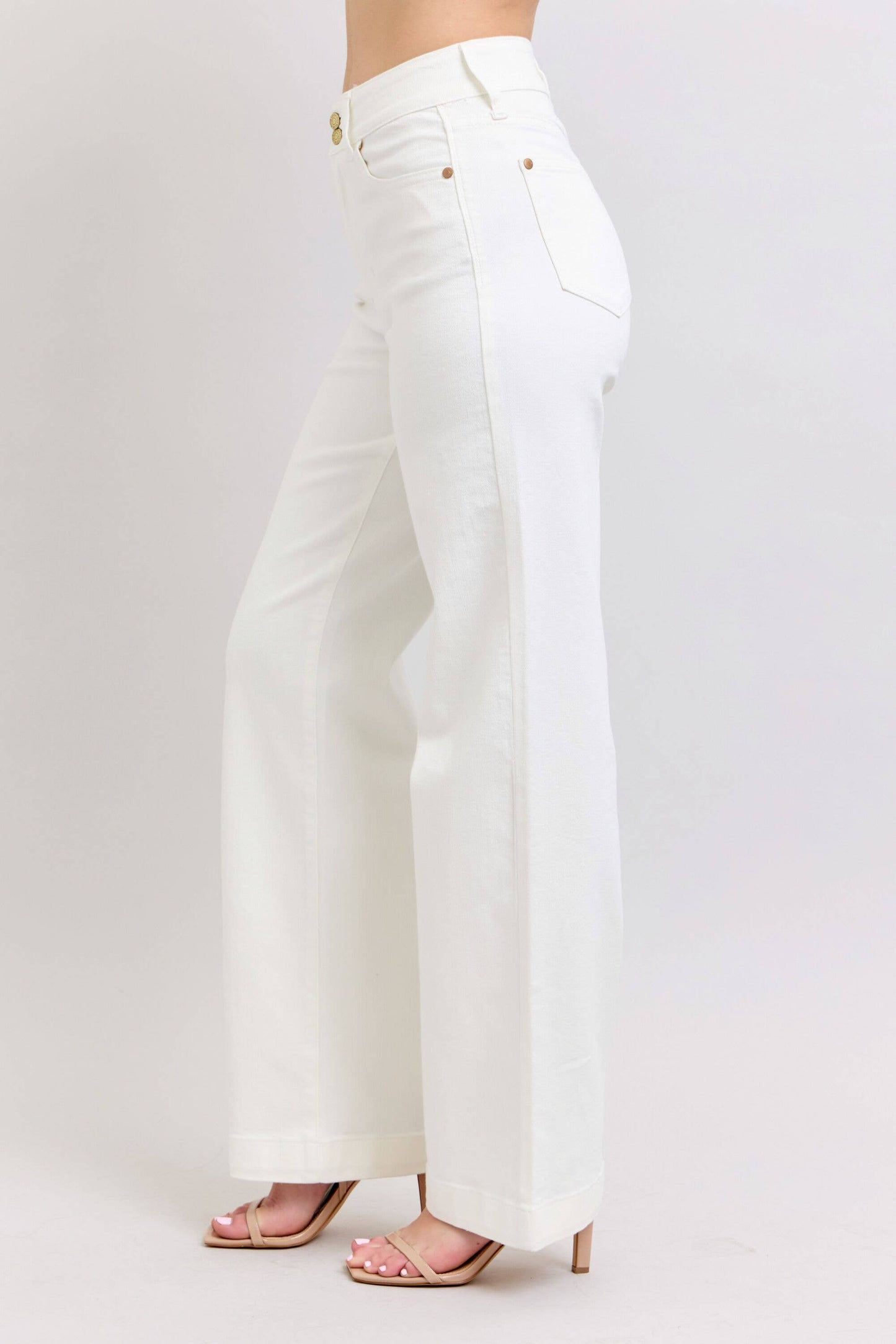 High Waisted White Double Button Waist Band & Coin Pkt