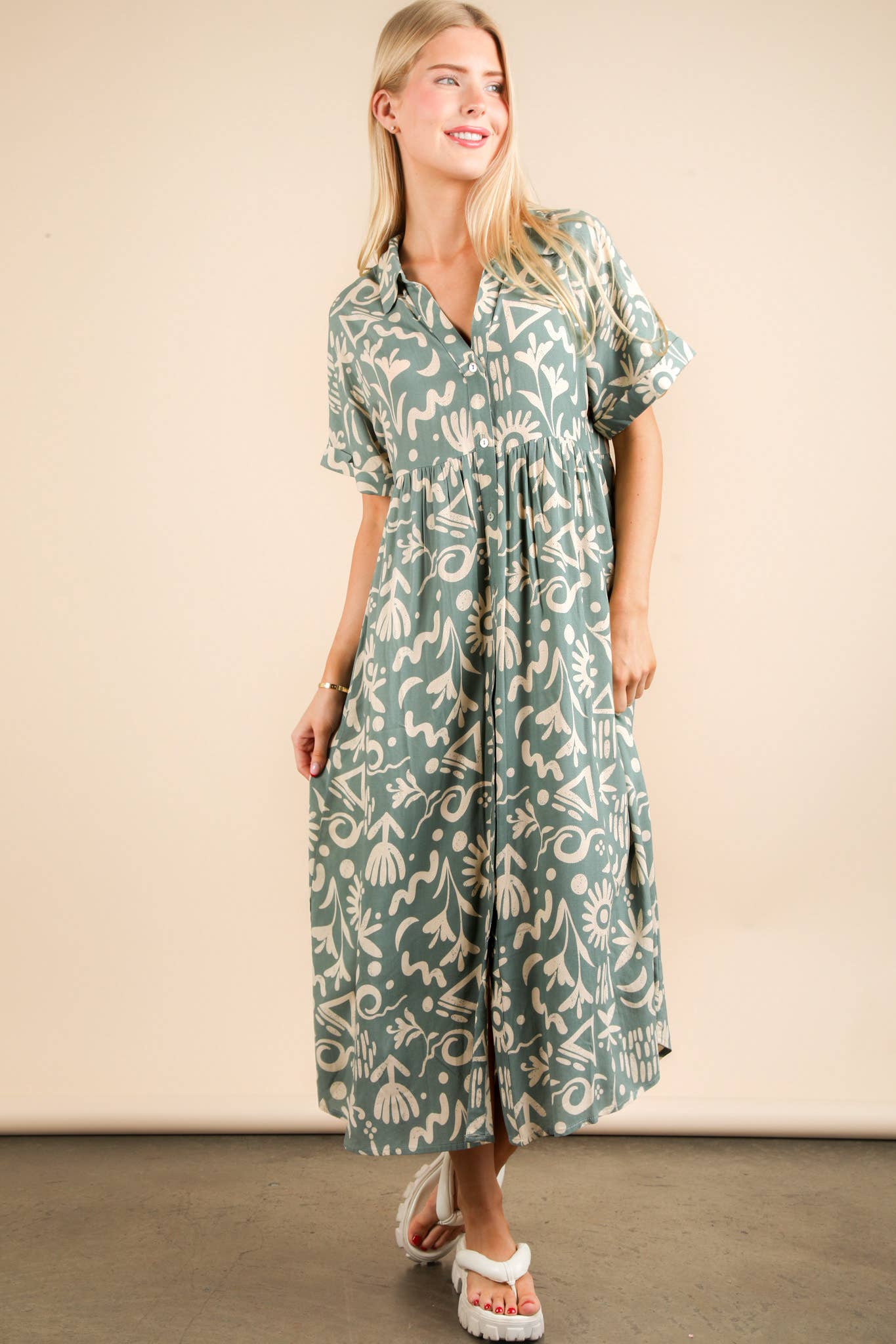 ND31583-Oversized Printed Shirt Midi Dress