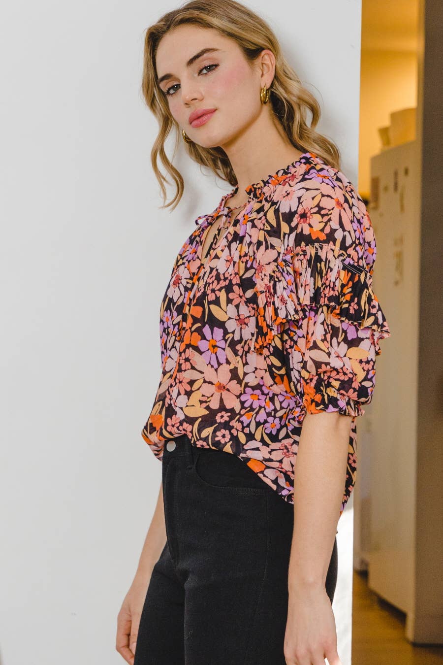Plus Floral Center Tie V-Neck Front Blouse