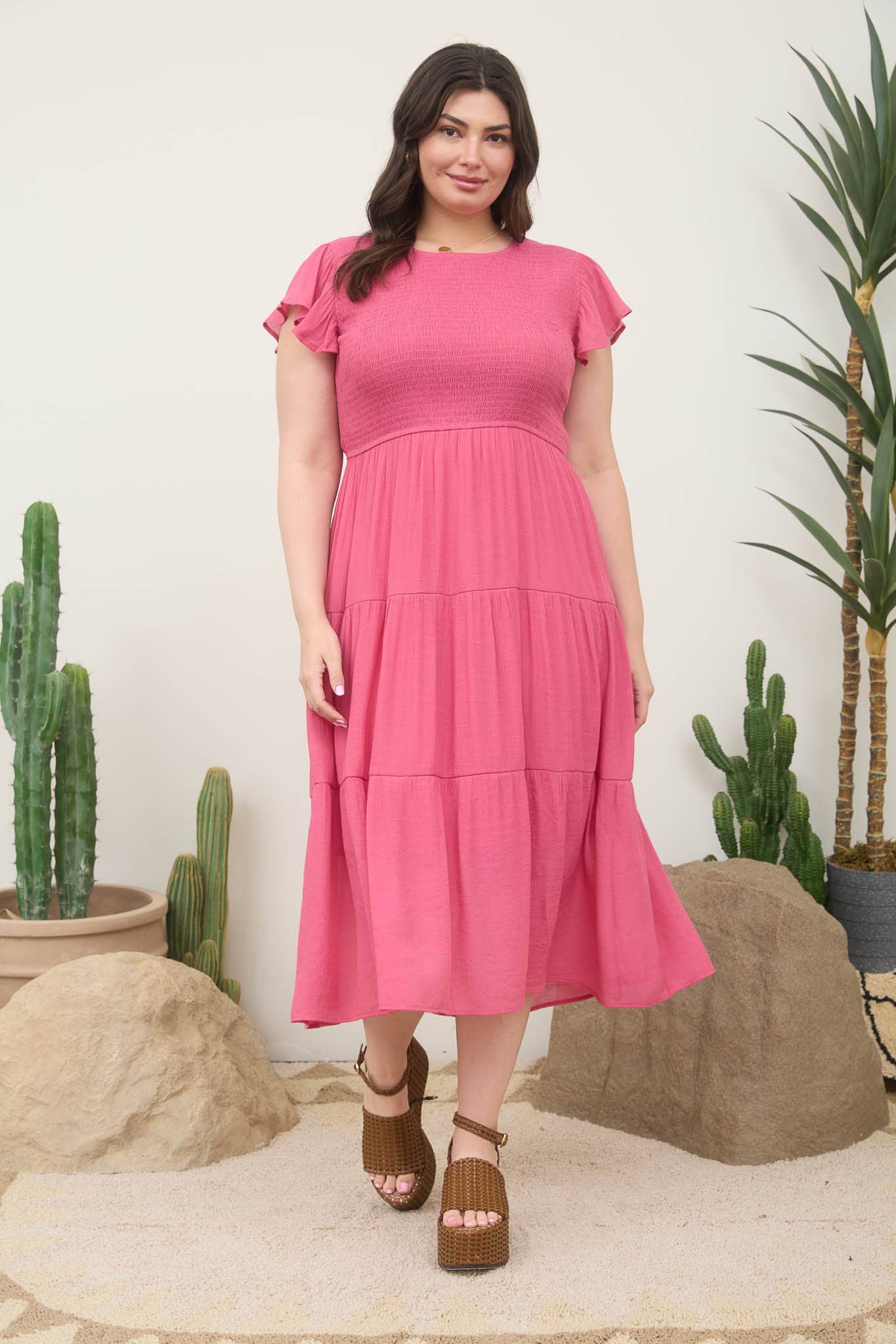 PLUS SMOCKED TIERED MIDI DRESS
