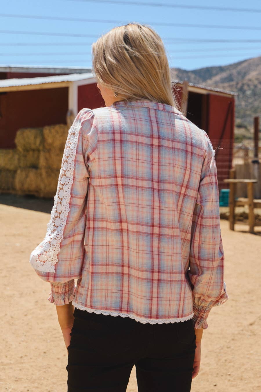Lace& Plaid Combo Long Sleeve Blouse