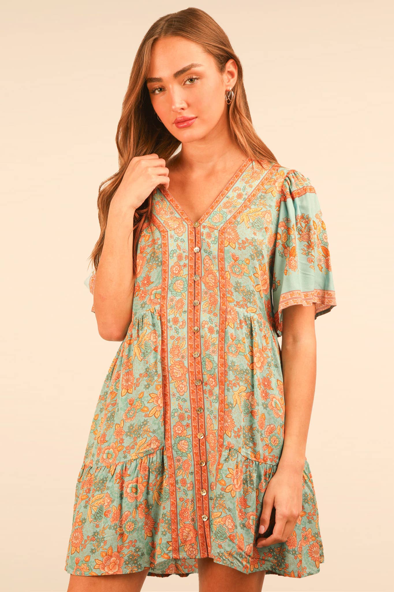 Shirring Detail Printed Woven Mini Dress
