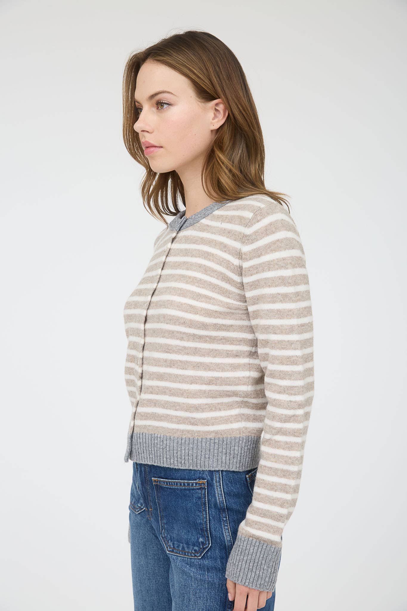 STRIPE COLORBLOCK TRIM BUTTON DOWN KNIT CARDIGAN
