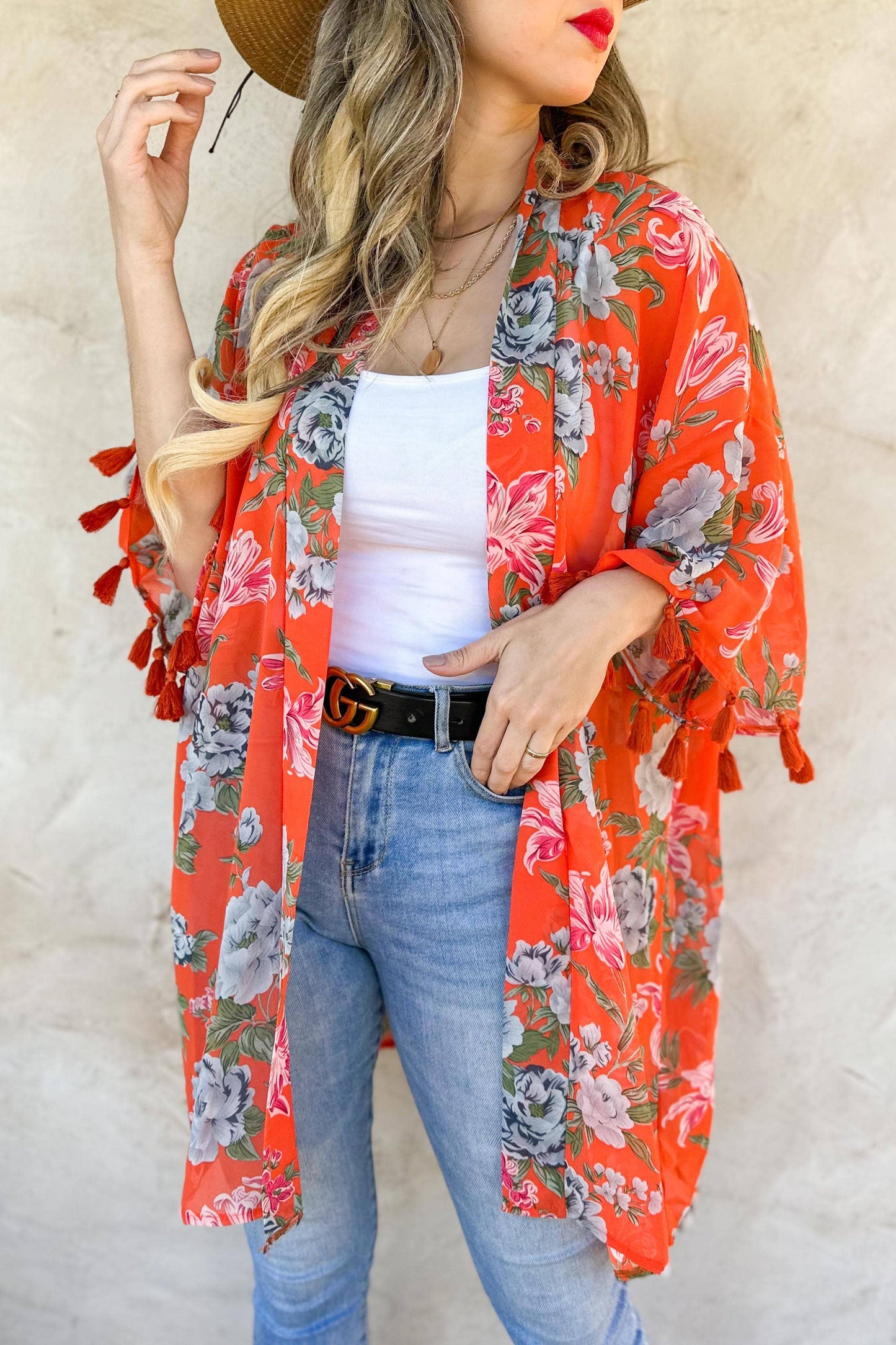 Coral Floral Print 3/4 Sleeve With Tassel Chiffon Kimono