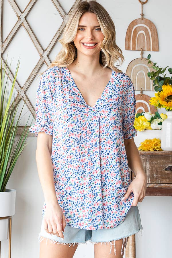 Tiny Flower Print V-Neck Ruffled Puff Sleeve Blouse T5051