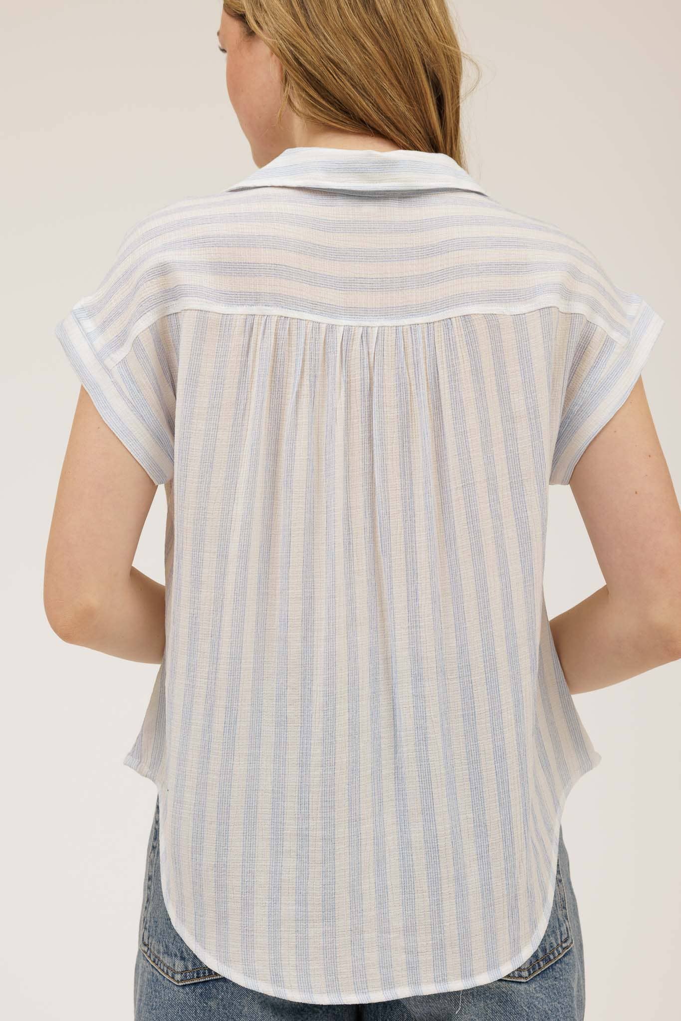 STRIPE COLLARED CUFF SLEEVE LIGHTWEIGHT SHIRT
