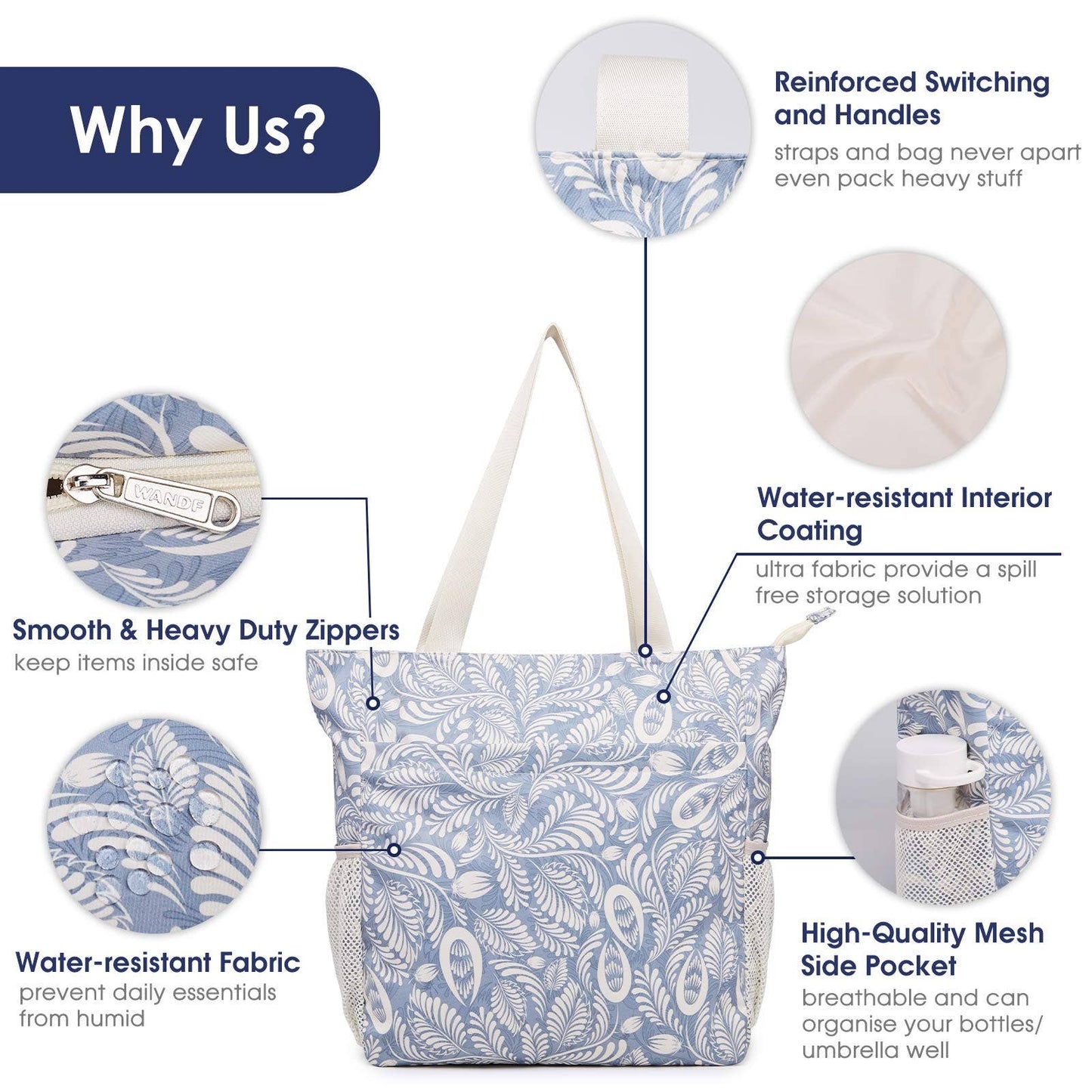 WANDF Water-resistant Beach Shoulder Tote Bag for Women