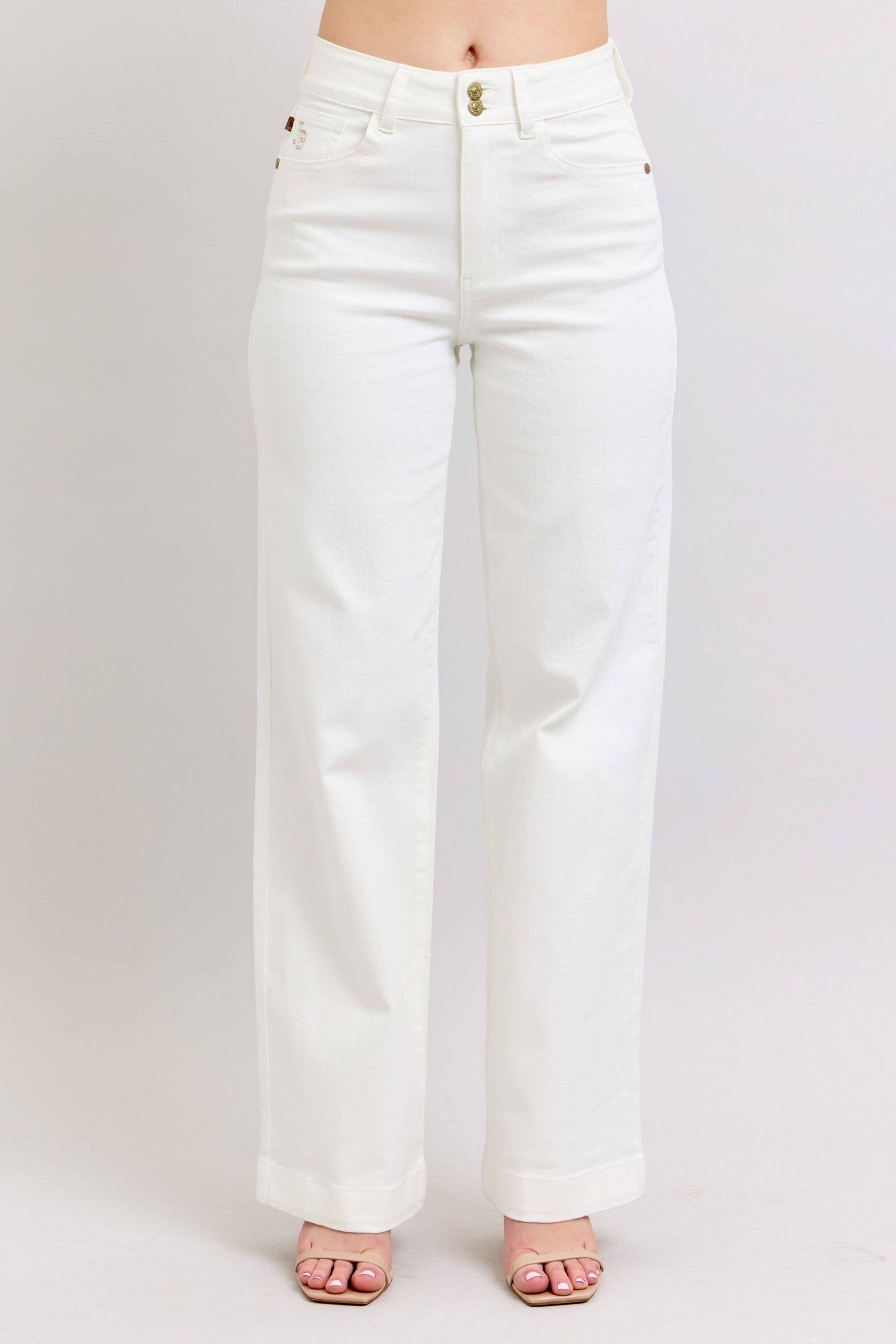 High Waisted White Double Button Waist Band & Coin Pkt