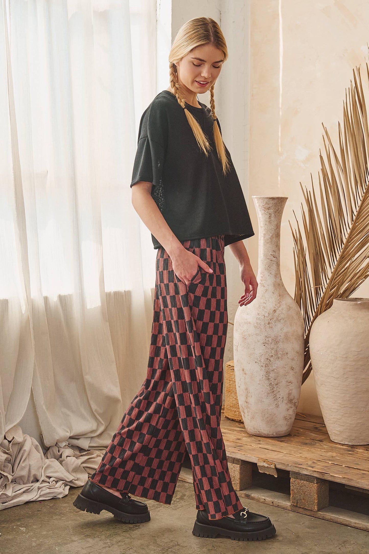Retro Checkered Wide Leg Pants - Brown + Black
