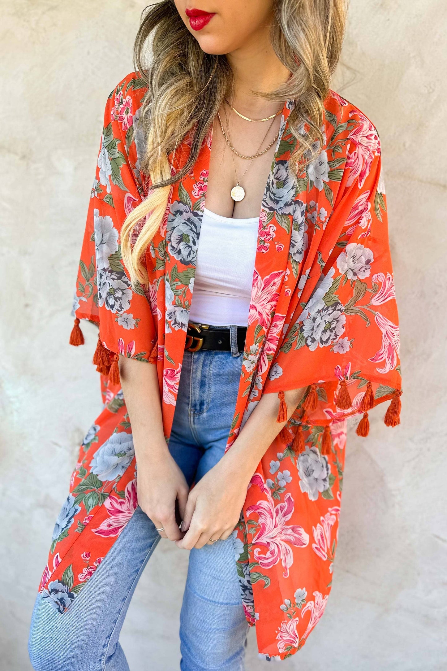 Coral Floral Print 3/4 Sleeve With Tassel Chiffon Kimono
