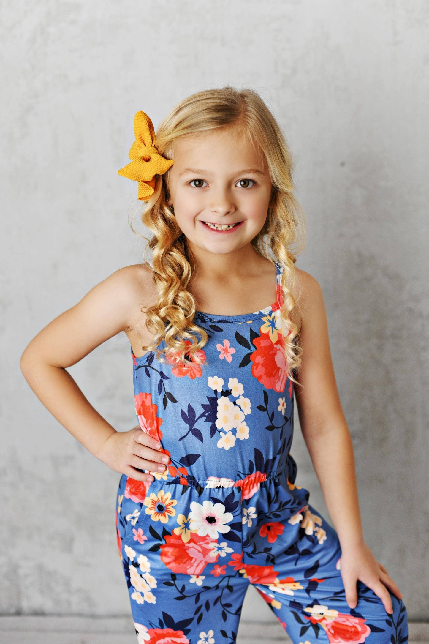 Kids Blue & Coral Floral Summer Jumpsuit With Pockets