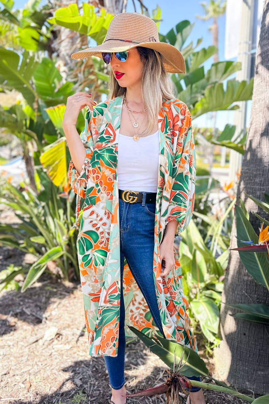 Green Multi Tropical Printed 3/4Tie Sleeve Satin Maxi Kimono