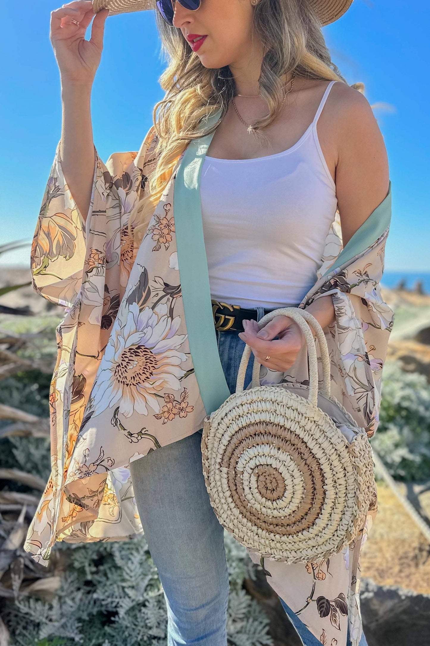 Elegance Nude Floral Printed Kimono Cardigan Cover UP