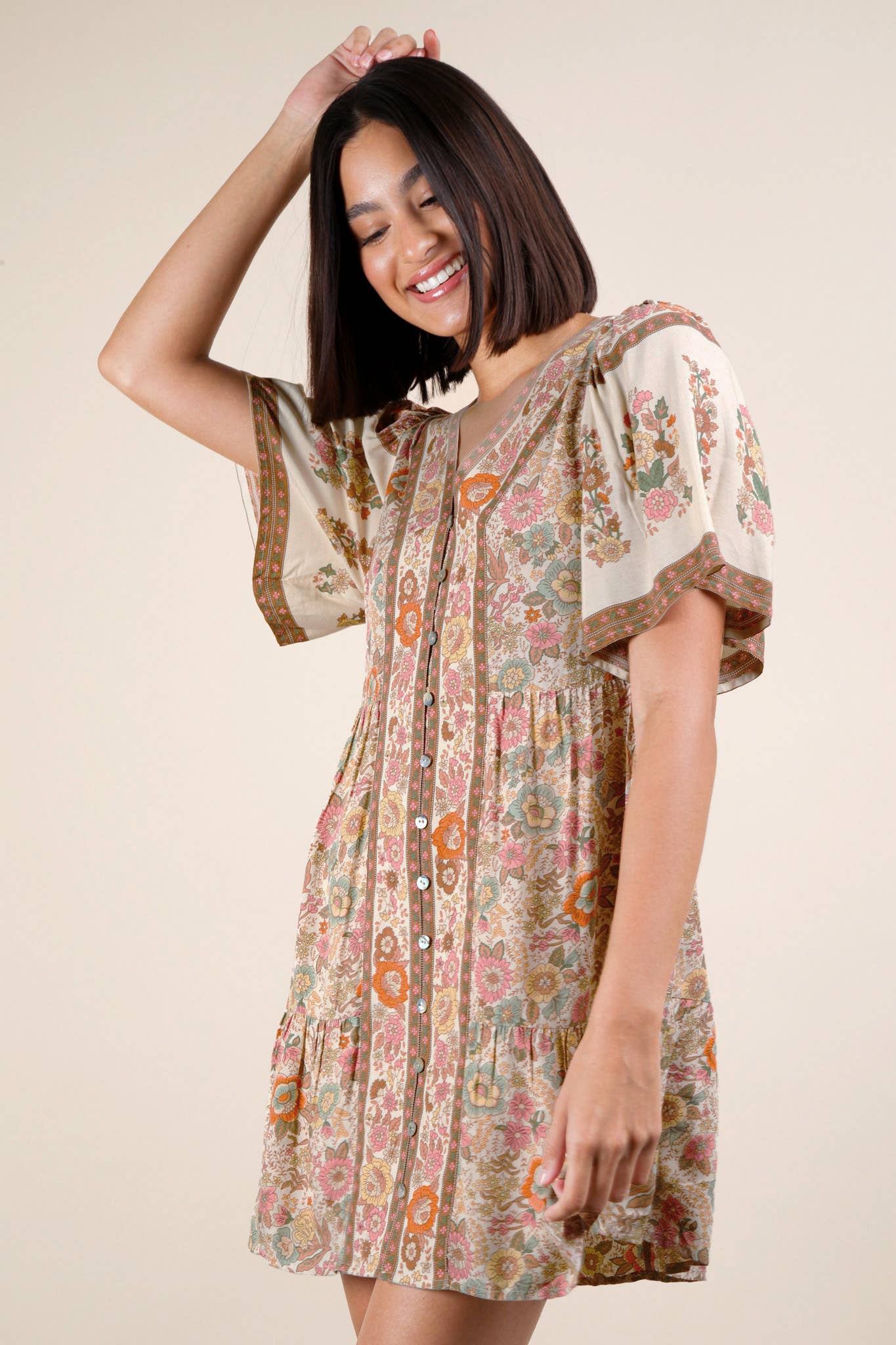 Shirring Detail Printed Woven Mini Dress