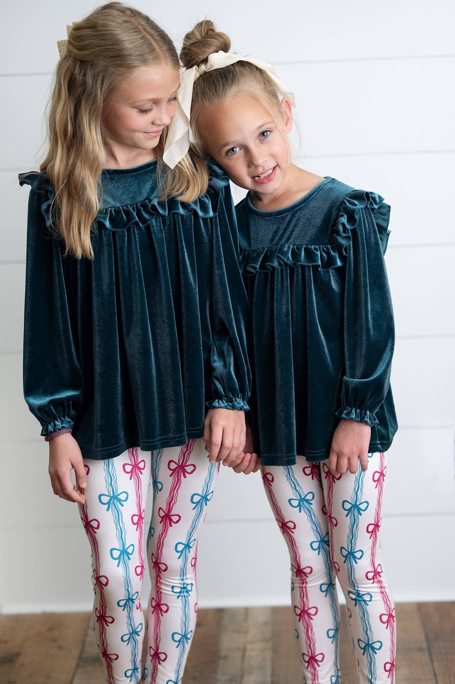 Girls Teal Velvet Coquette Bow Ruffle Fancy Pant Set
